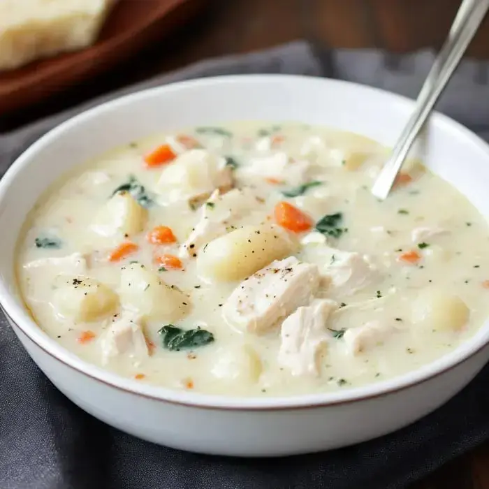 Eine Schüssel cremiger Hühnersuppe mit Gemüse und Klößchen, mit schwarzem Pfeffer garniert.