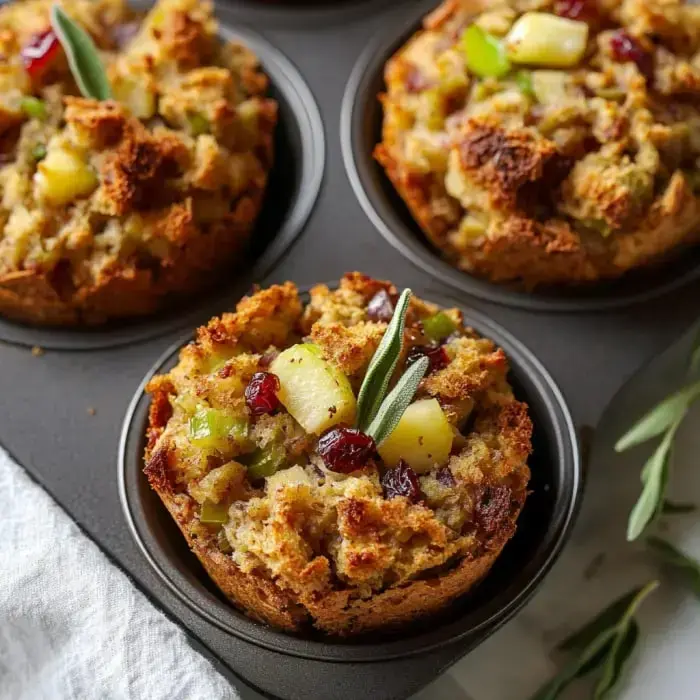 Eine Nahaufnahme von gebackenen Füllungs-Muffins in einer grauen Muffinform, garniert mit Kräutern und bunten Zutaten wie Äpfeln, Cranberries und grünem Gemüse.