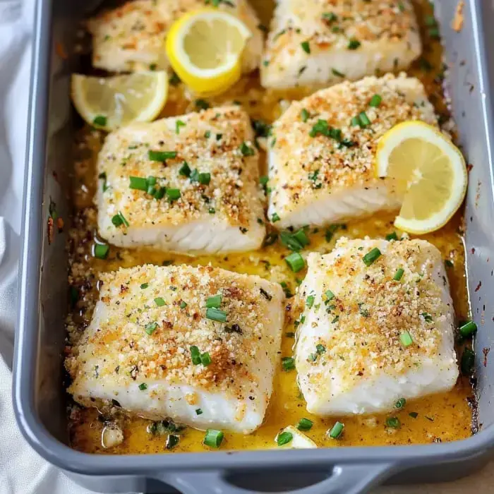 Gebackene Fischfilets mit Semmelbröseln garniert mit Zitronenscheiben und Frühlingszwiebeln in einer grauen Auflaufform.