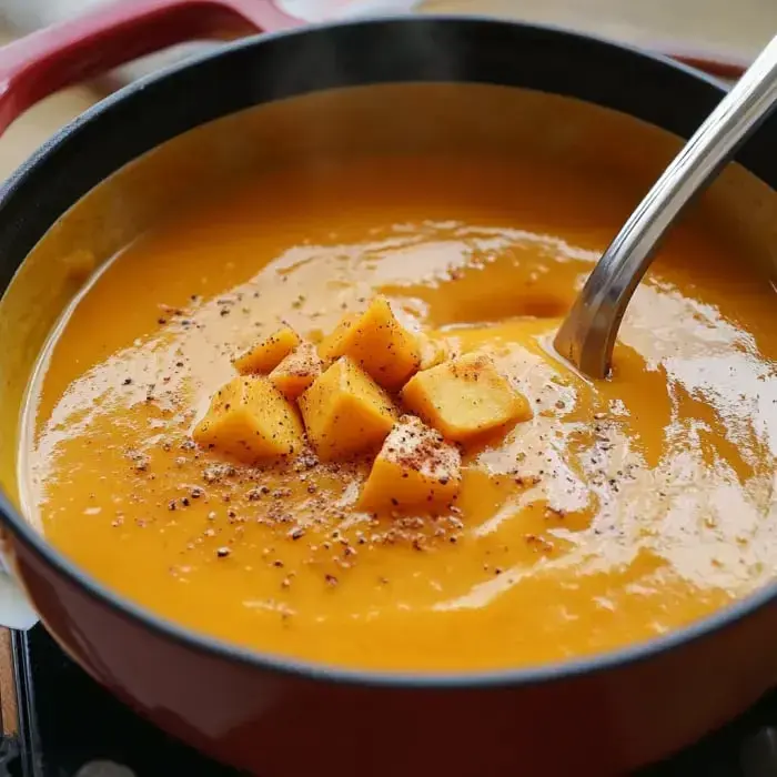 Ein Topf dampfender oranger Suppe, garniert mit gewürfelten Stücken und einer Prise schwarzem Pfeffer.