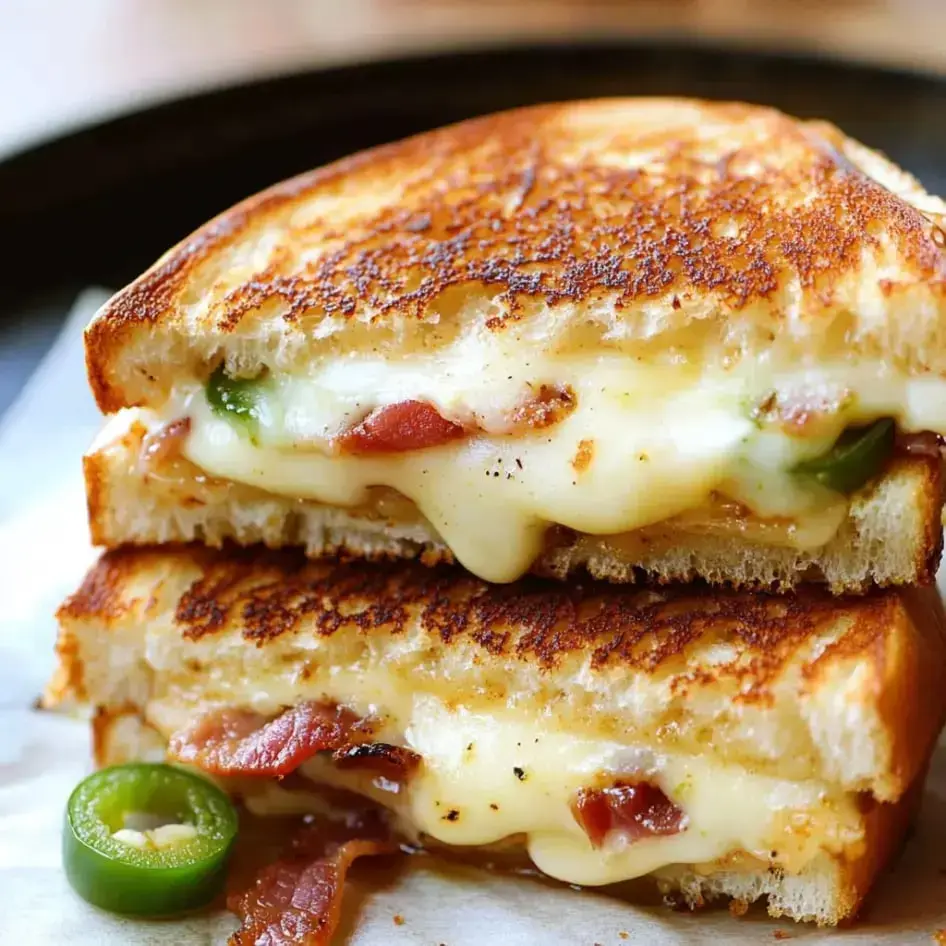 Eine Nahaufnahme eines Grilled-Cheese-Sandwiches mit geschmolzenem Käse, Speck und Jalapeños, mit einer knusprig goldbraunen Außenseite.