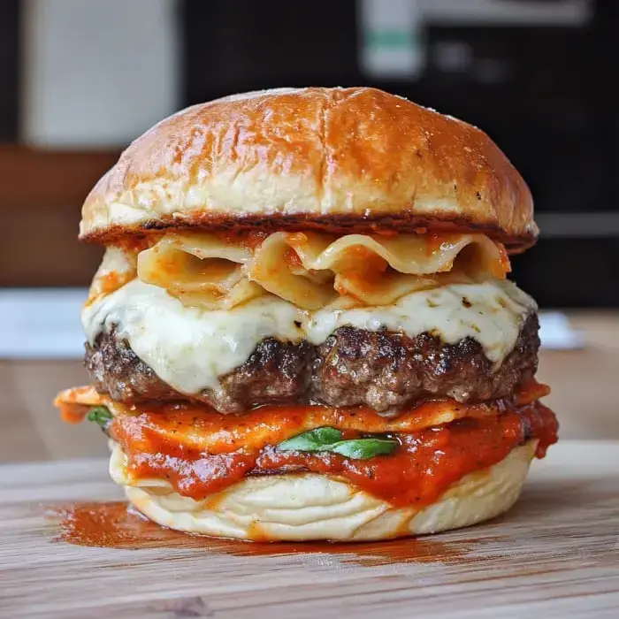 Ein üppiger Burger geschichtet mit Marinara Sauce, Mozzarella, Lasagnenudeln und einem saftigen Rindfleisch Patty, alles zwischen einem getoasteten Brötchen.