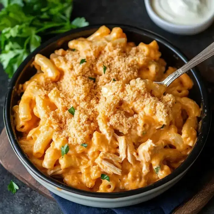 Eine Schüssel cremiger Makkaroni und Käse bedeckt mit Bröseln und garniert mit Petersilie, begleitet von einer kleinen Schale Sauerrahm.