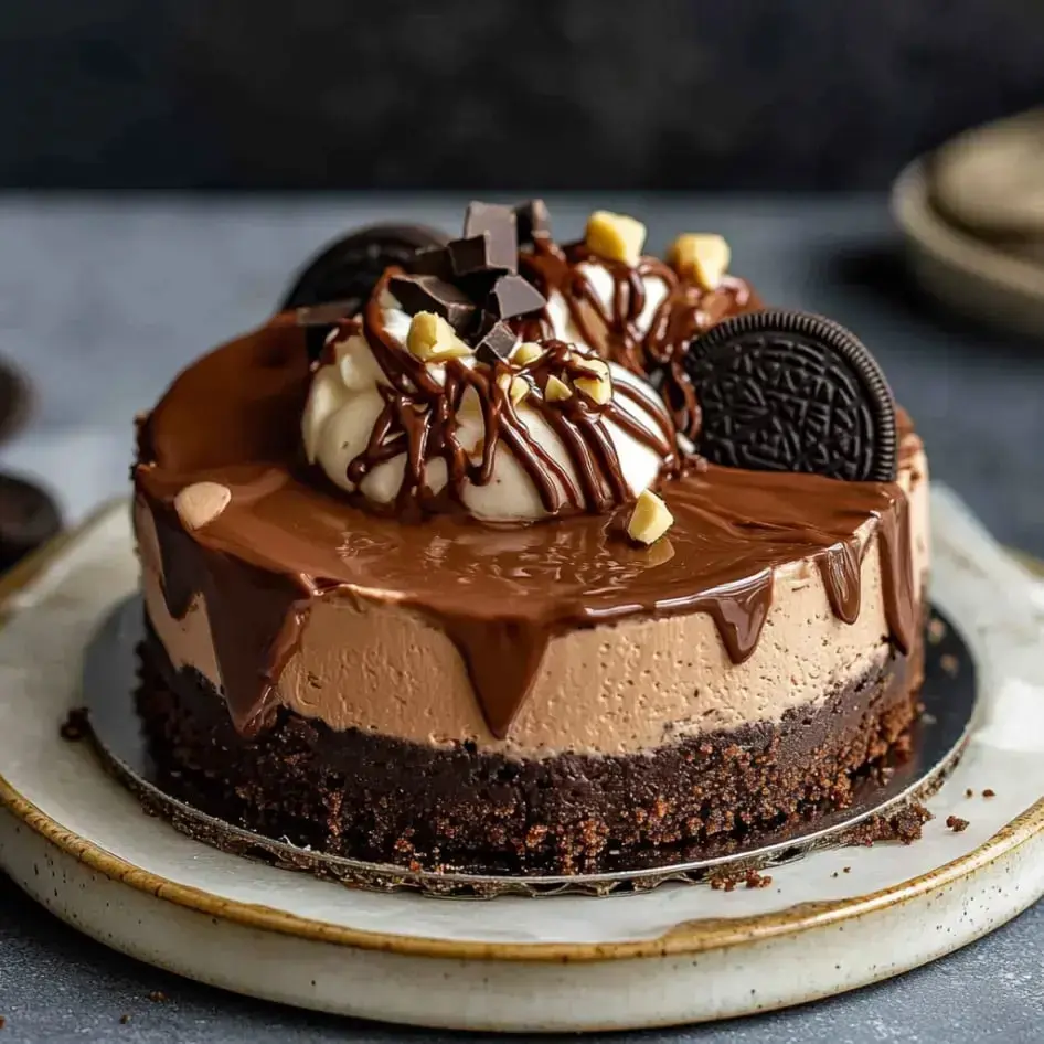 Ein verführerischer Schokoladen-Käsekuchen mit Sahnehaube, Schokoladendekor, Oreos und gehackten Nüssen auf einem Keksboden.