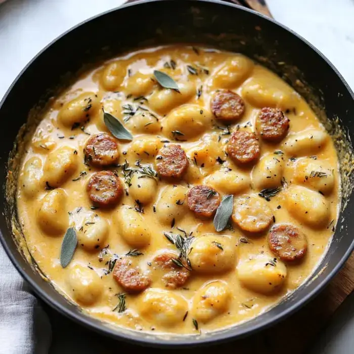 Ein cremiges Gnocchi-Gericht garniert mit geschnittener Wurst und frischen Kräutern in einer Pfanne.