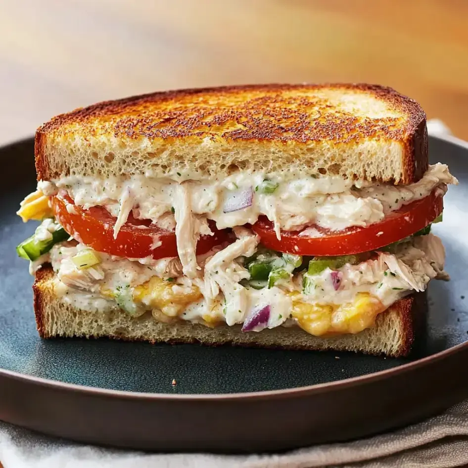 Ein getoastetes Sandwich gefüllt mit gezupftem Hähnchen, Tomaten, Paprika und einem cremigen Dressing, serviert auf Vollkornbrot.