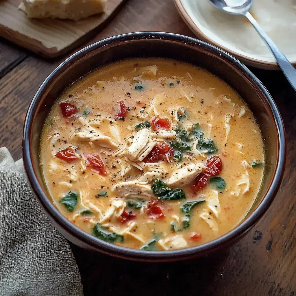 Eine Schüssel cremiger Suppe mit zerkleinertem Hähnchen, Spinat und gewürfelten Tomaten, dazu ein Stück Brot auf einer Holzoberfläche.