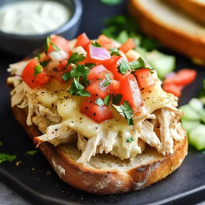 Eine Scheibe getoastetes Brot belegt mit zerpflücktem Hähnchen, geschmolzenem Käse, frischen Tomaten und Koriander, serviert mit einer kleinen Schale Sauce.