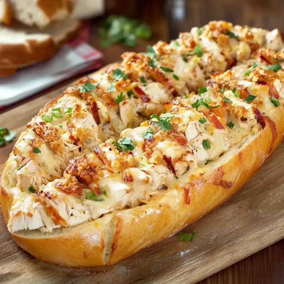 Ein käsiges gebackenes Brot belegt mit zerzupftem Hähnchen, Bacon und Kräutern, serviert auf einem Holzbrett.