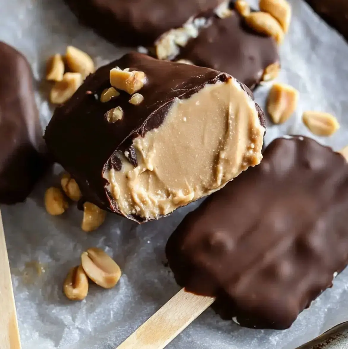 Ein schokoladenüberzogener Eisriegel mit einem Biss, der eine cremige Erdnussbutter-Füllung zeigt, umgeben von gehackten Erdnüssen.