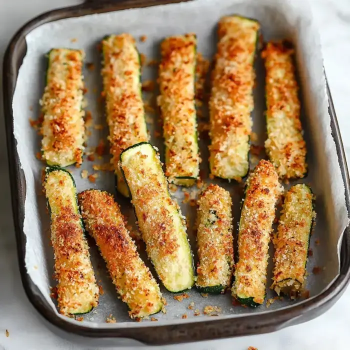 Ein Blech mit goldbraunen, panierten Zucchini-Sticks, ordentlich auf Backpapier angerichtet.