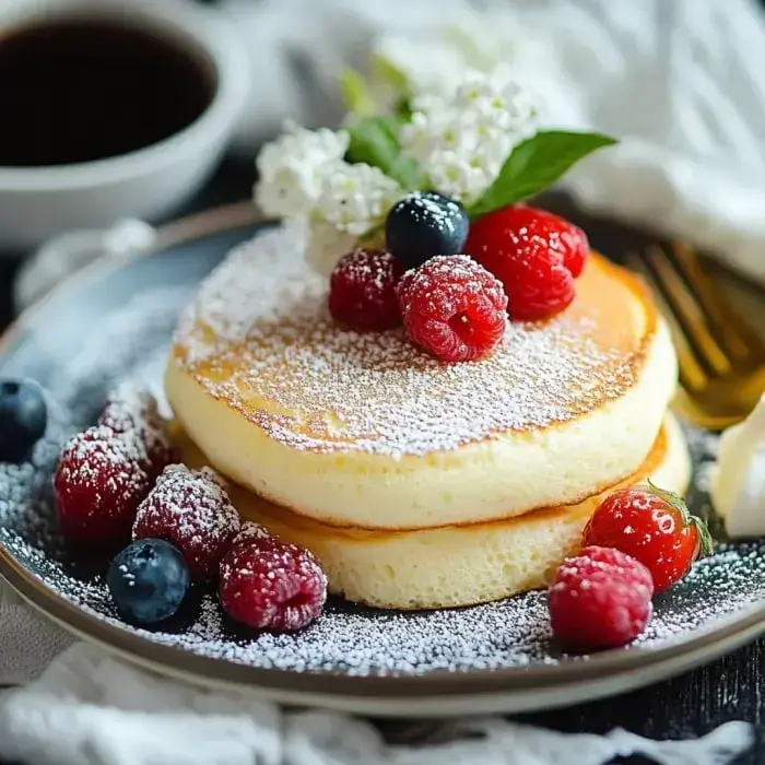 Gestapelte Pfannkuchen garniert mit frischen Beeren, Puderzucker und einem Zweig Grün, serviert auf einem Teller mit einer Tasse Kaffee im Hintergrund.