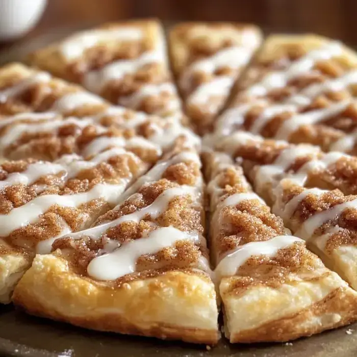 Eine frisch gebackene Dessert-Pizza ist in Stücke geschnitten, mit Zimt bedeckt und mit Zuckerguss beträufelt.