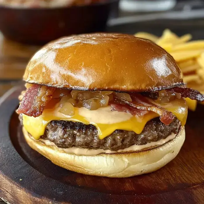 Ein saftiger Burger mit geschmolzenem Käse, Speck und sautierten Zwiebeln auf einem gerösteten Brötchen, serviert mit Pommes frites.