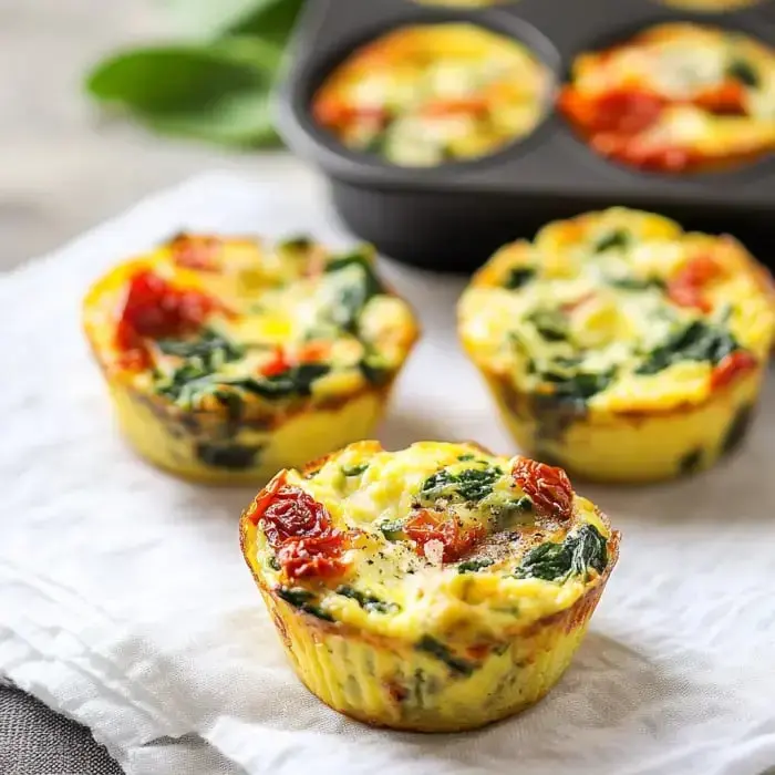 Drei Mini-Frittatas mit Spinat und getrockneten Tomaten auf einem weißen Tuch, mit einer Muffinform im Hintergrund.