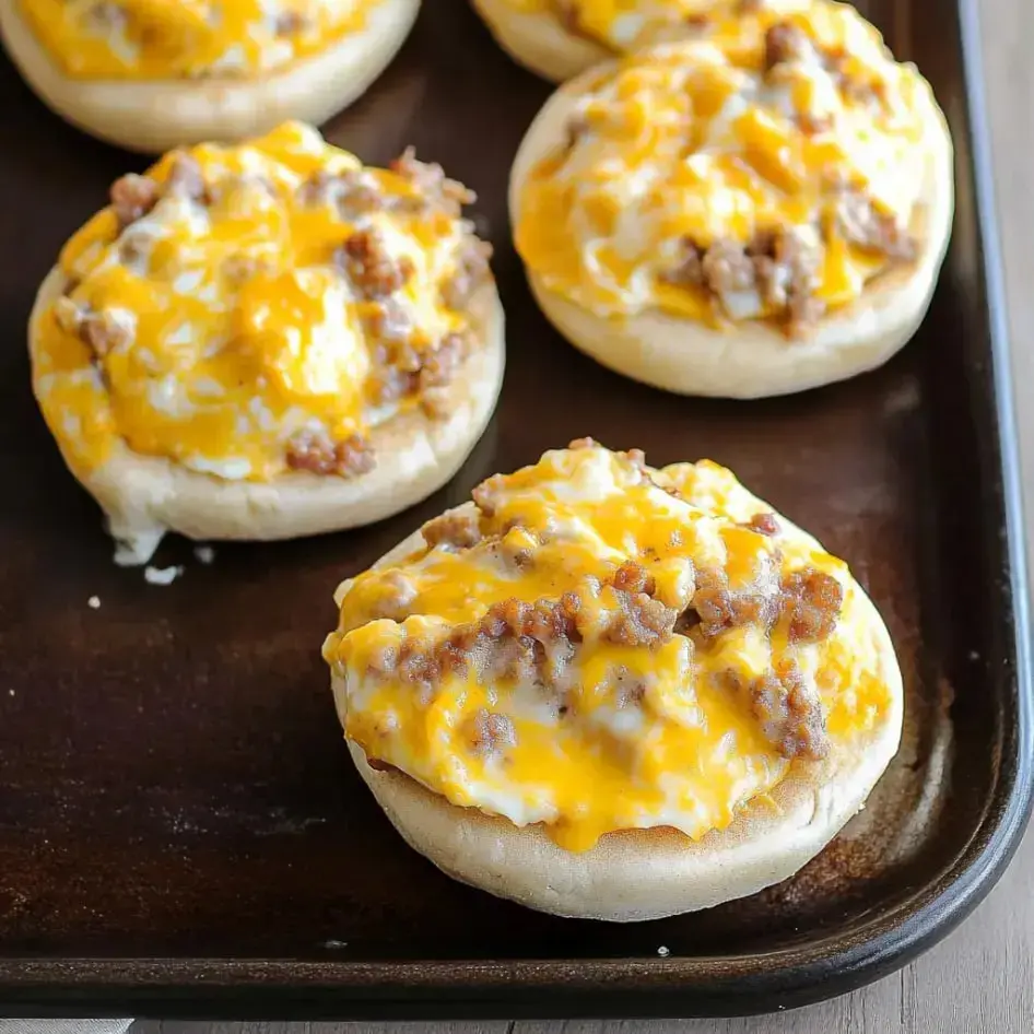 Eine Nahaufnahme von getoasteten English Muffins belegt mit Käse und zerkrümeltem Würstchen auf einem Backblech.