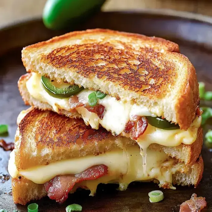 Ein saftiges Grilled-Cheese-Sandwich mit Speck und Jalapeños, geschichtet zwischen goldbraun getoastetem Brot.