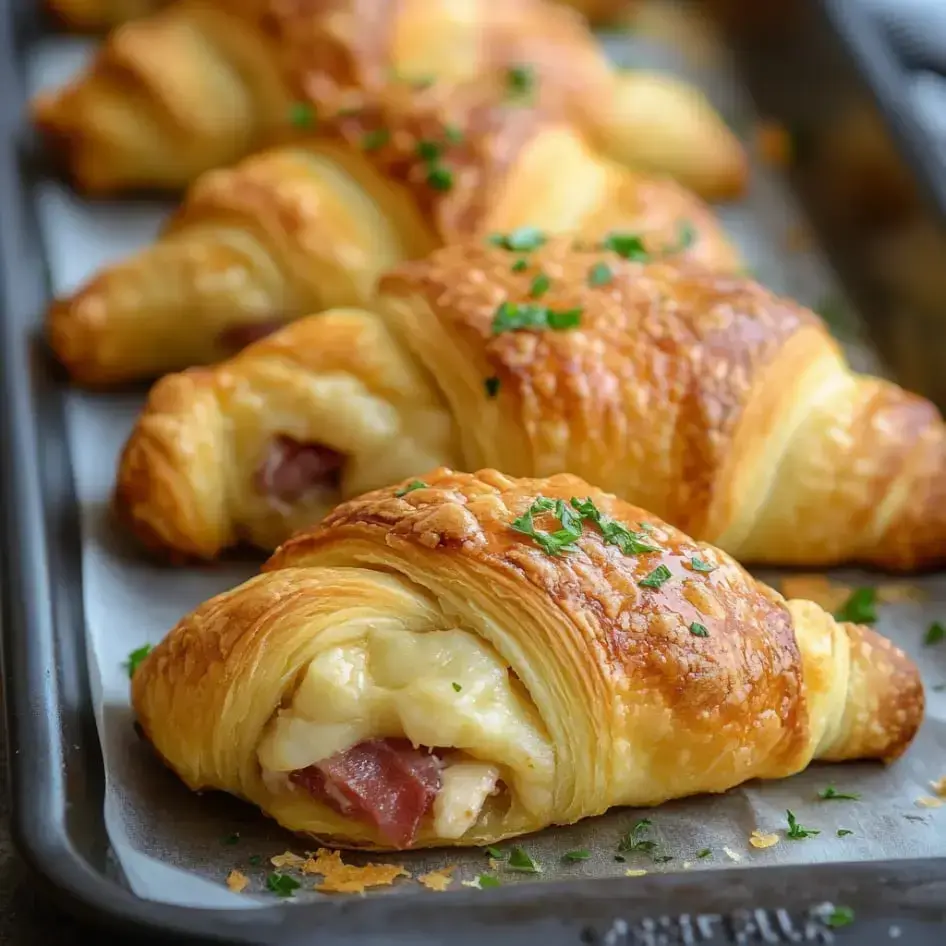 Ein Blech mit goldbraunen Croissant-Röllchen gefüllt mit Käse und Schinken, garniert mit Petersilie.