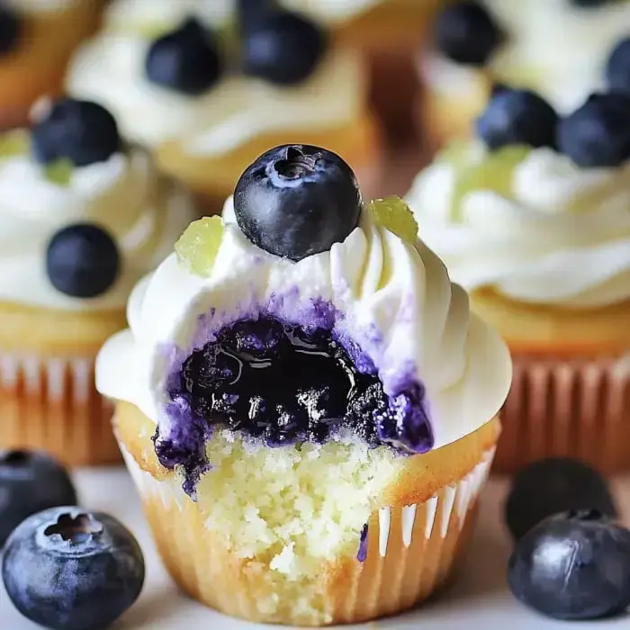 Ein Blaubeer-Törtchen mit weißem Frosting und einer frischen Blaubeere obendrauf, mit einem Biss, der die leuchtend lila Füllung zeigt.