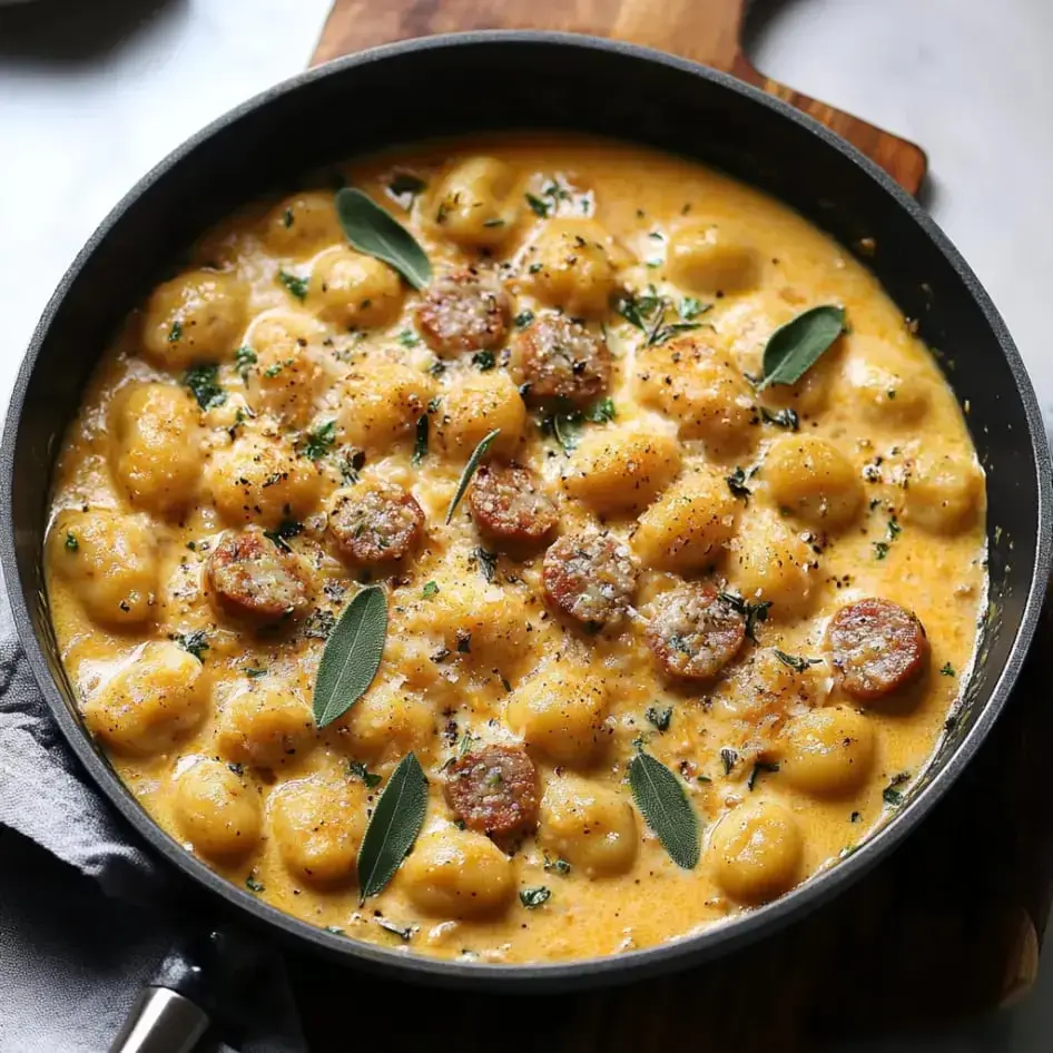 Eine Pfanne gefüllt mit cremigen Gnocchi, geschnittener Wurst und garniert mit Salbei und Kräutern.