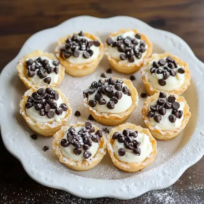 Ein Teller mit Dessertförmchen, gefüllt mit Creme und garniert mit Schokotropfen, bestäubt mit Puderzucker.