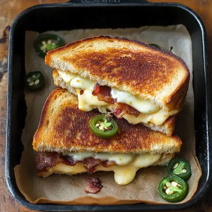 Eine Nahaufnahme eines perfekt getoasteten Grilled-Cheese-Sandwiches mit Speck, gestapelt und garniert mit geschnittenen Jalapeños.