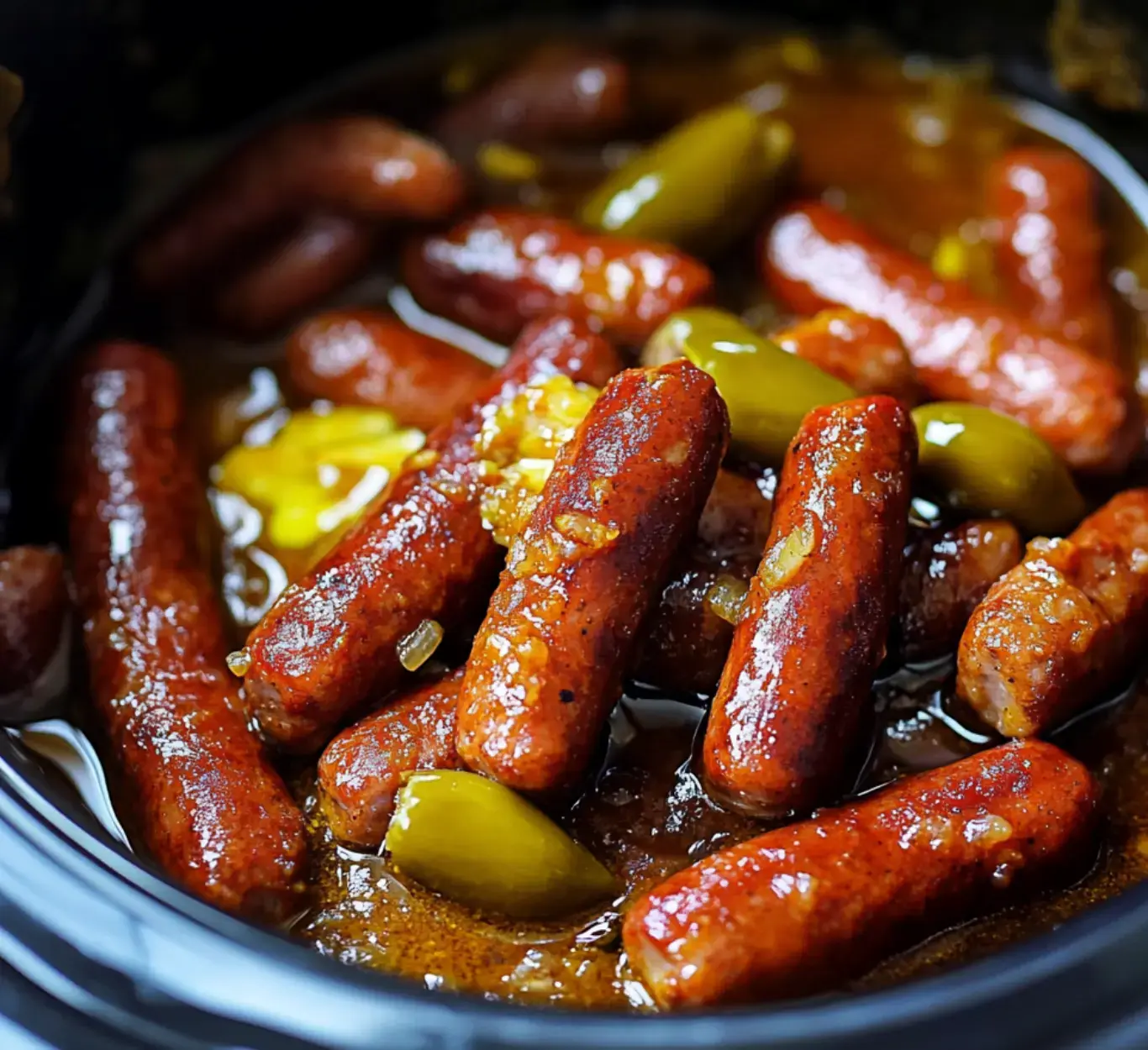 Eine Nahaufnahme von gekochten Würstchen in einer würzigen Sauce, garniert mit gewürfelten Zwiebeln und grüner Paprika im Slow Cooker.