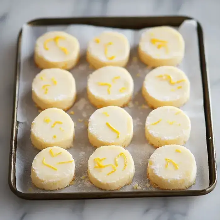 Ein Tablett mit runden Zitronenplätzchen mit Zuckerüberzug und feinen Streifen gelber Zitronenschale obenauf.