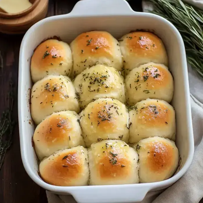 Eine Auflaufform mit frisch gebackenen, goldbraunen Brötchen, die mit Kräutern bestreut und ordentlich in einer weißen Backform angerichtet sind.