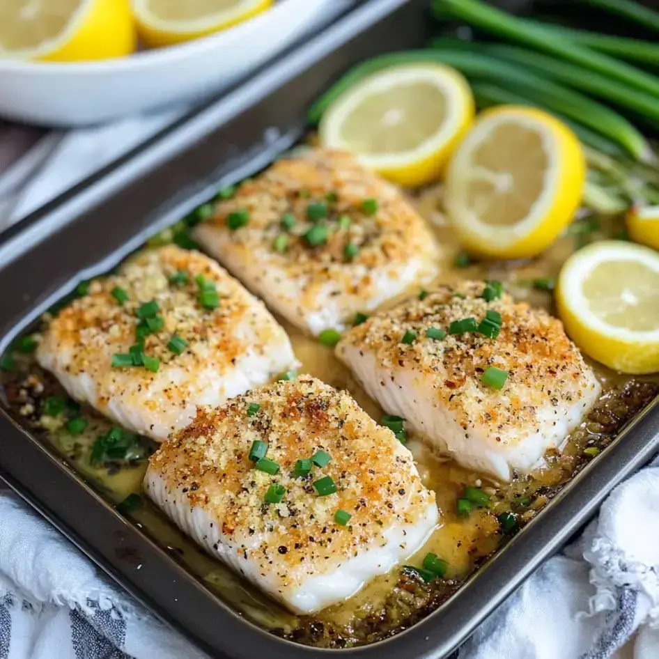 Gebackene Fischfilets mit Paniermehl und Kräutern, garniert mit Zitronenscheiben und Frühlingszwiebeln.