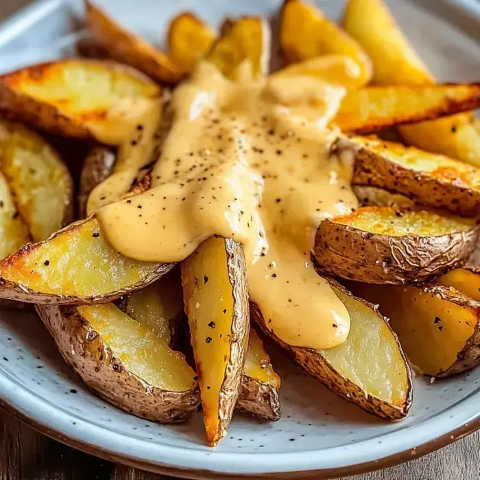 Ein Teller mit goldbraunen Kartoffelspalten, überzogen mit cremiger Käsesauce und schwarzem Pfeffer.