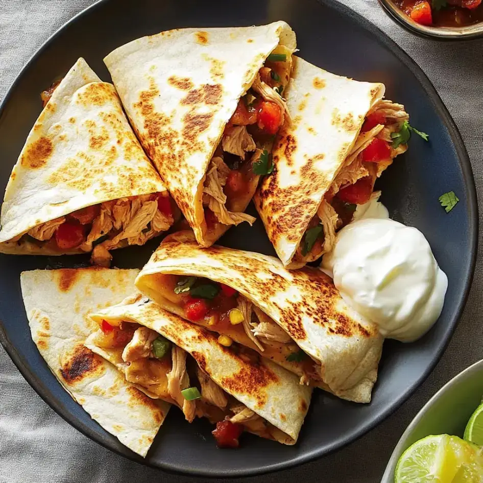 Ein Teller mit fünf knusprigen, hähnchengefüllten Tortillas, garniert mit gewürfelten Tomaten und serviert mit einer Portion Sauerrahm.