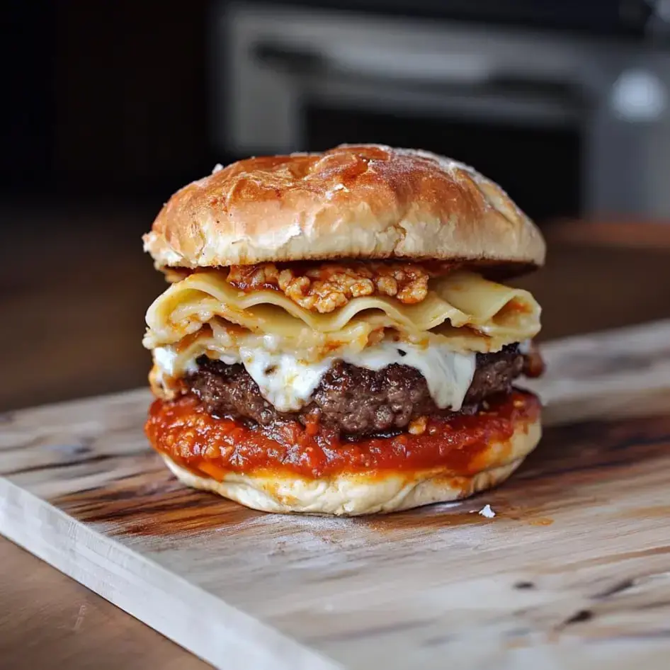 Ein turmhoher Burger mit Rindfleisch Patty, Schichten von Lasagnenudeln, Käse und Marinara Sauce, alles zwischen einem getoasteten Brötchen.