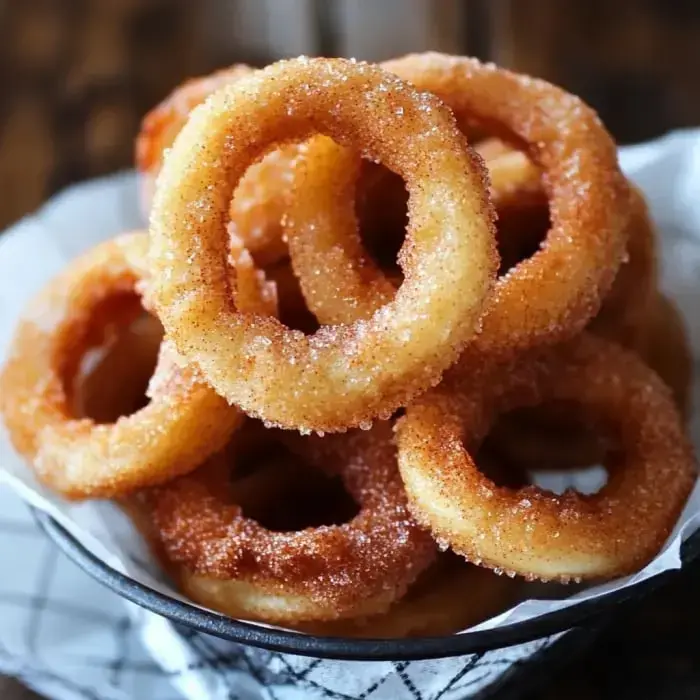 Eine Schüssel mit goldenen, mit Zimtzucker überzogenen Donuts, ansprechend angerichtet.