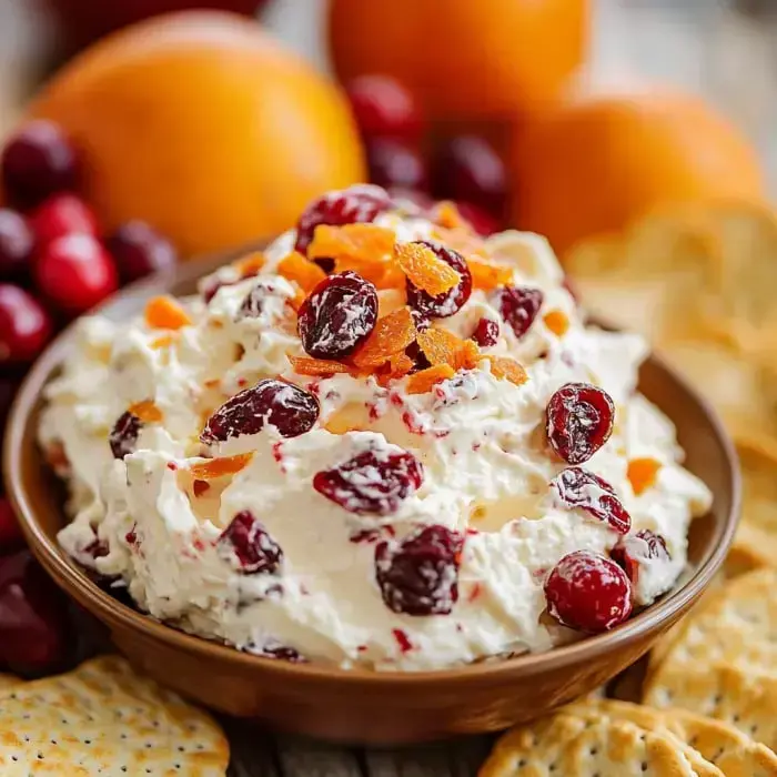 Eine Schüssel mit cremigem Dip, garniert mit getrockneten Cranberries und Orangenstückchen, umgeben von Crackern und frischen Orangen.