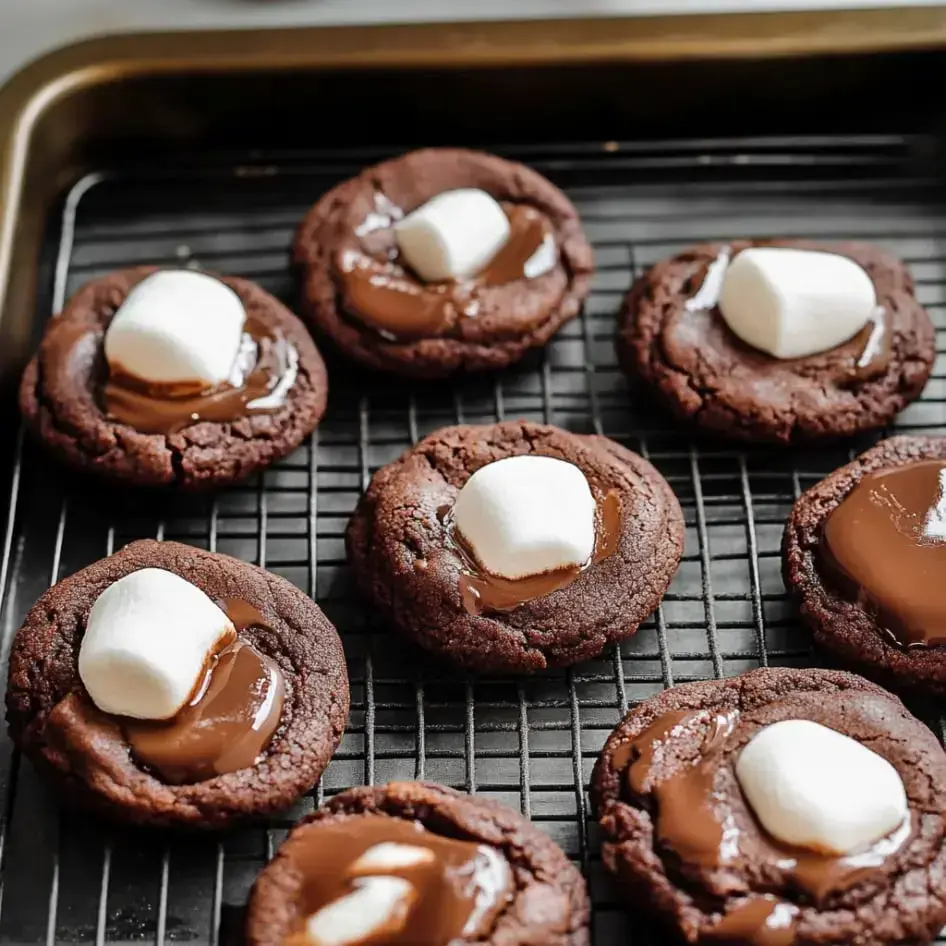 Ein Blech mit frisch gebackenen Schokoladen-Cookies, garniert mit geschmolzener Schokolade und einem Marshmallow.