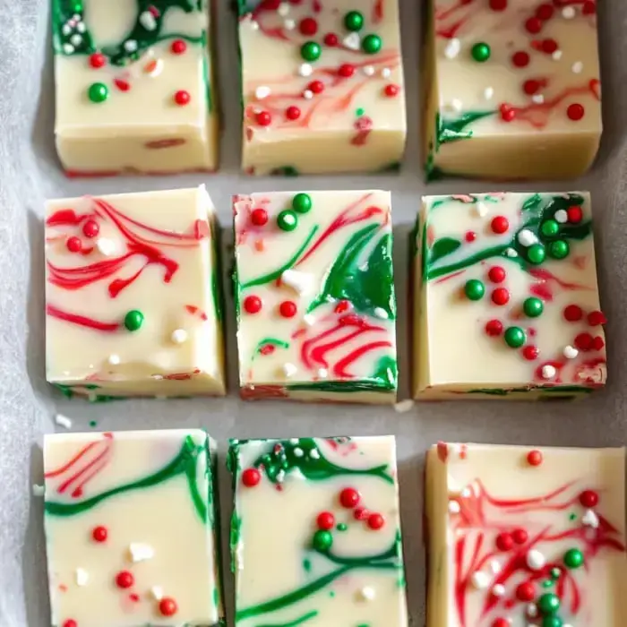 Eine Ansicht von oben auf bunte weihnachtliche Fudge-Quadrate, dekoriert mit roten, grünen und weißen Streuseln.