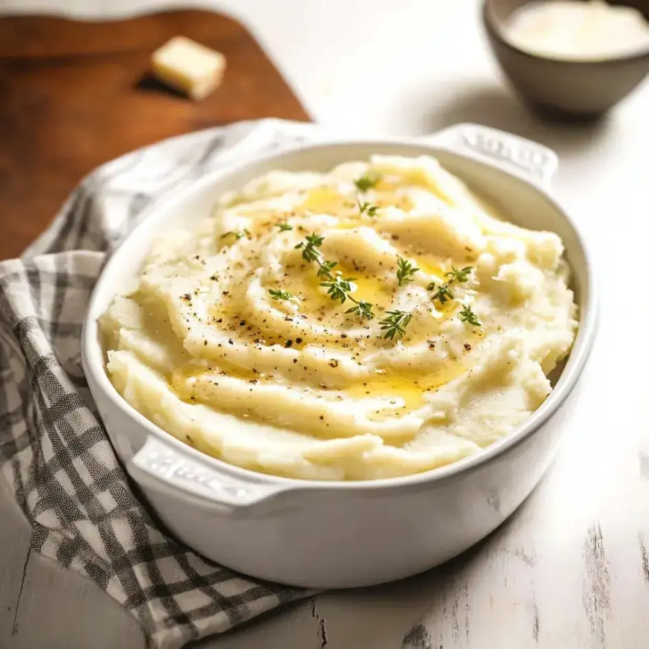 Eine weiße Schüssel cremiges Kartoffelpüree mit Olivenöl beträufelt, garniert mit frischem Thymian und schwarzem Pfeffer, steht auf einem karierten Tuch.