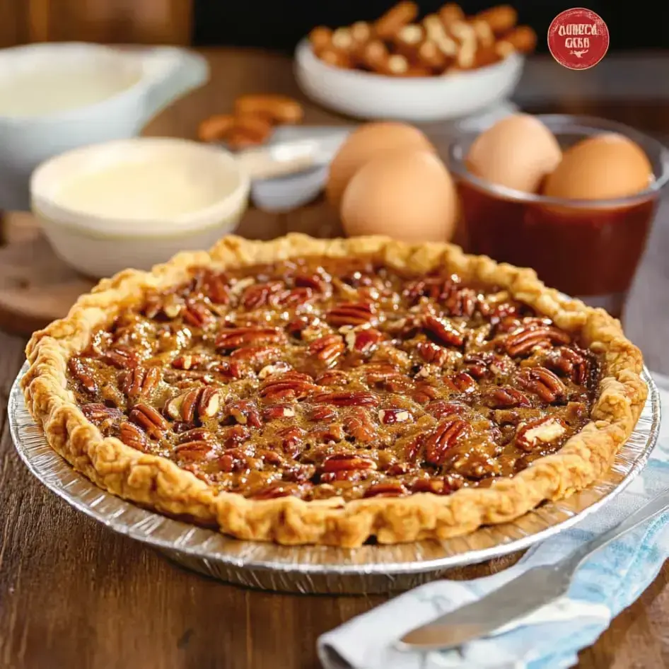 Ein frisch gebackener Pecan Pie wird auf einem Holztisch präsentiert, begleitet von Schüsseln mit Zutaten wie Eiern und Sahne, und einem Glas Sirup.