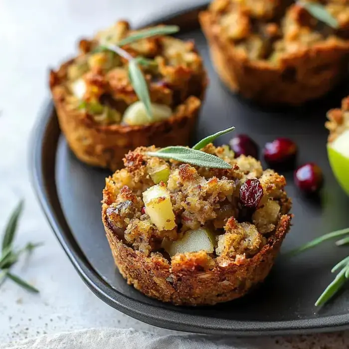 Eine Nahaufnahme von herzhaften, muffinförmigen Füllungen, garniert mit Kräutern, Cranberries und Apfelstücken auf einem dunklen Teller.