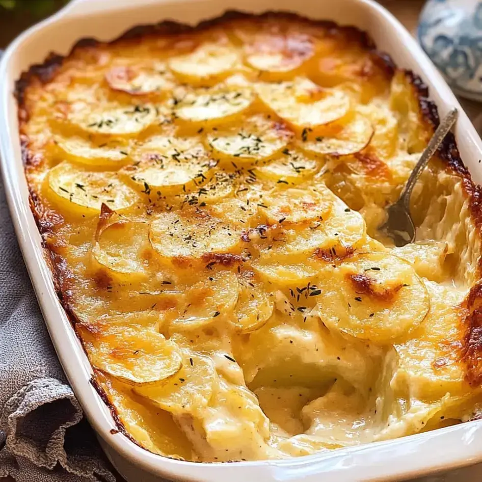 Ein cremiger Kartoffelauflauf mit goldbraunen, knusprigen Kartoffelscheiben, bestreut mit Kräutern.