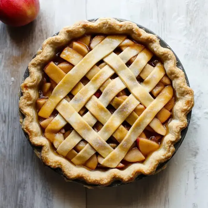 Ein frisch gebackener Apfelkuchen mit Gitterdeckel, auf einer Holzoberfläche neben einem roten Apfel platziert.