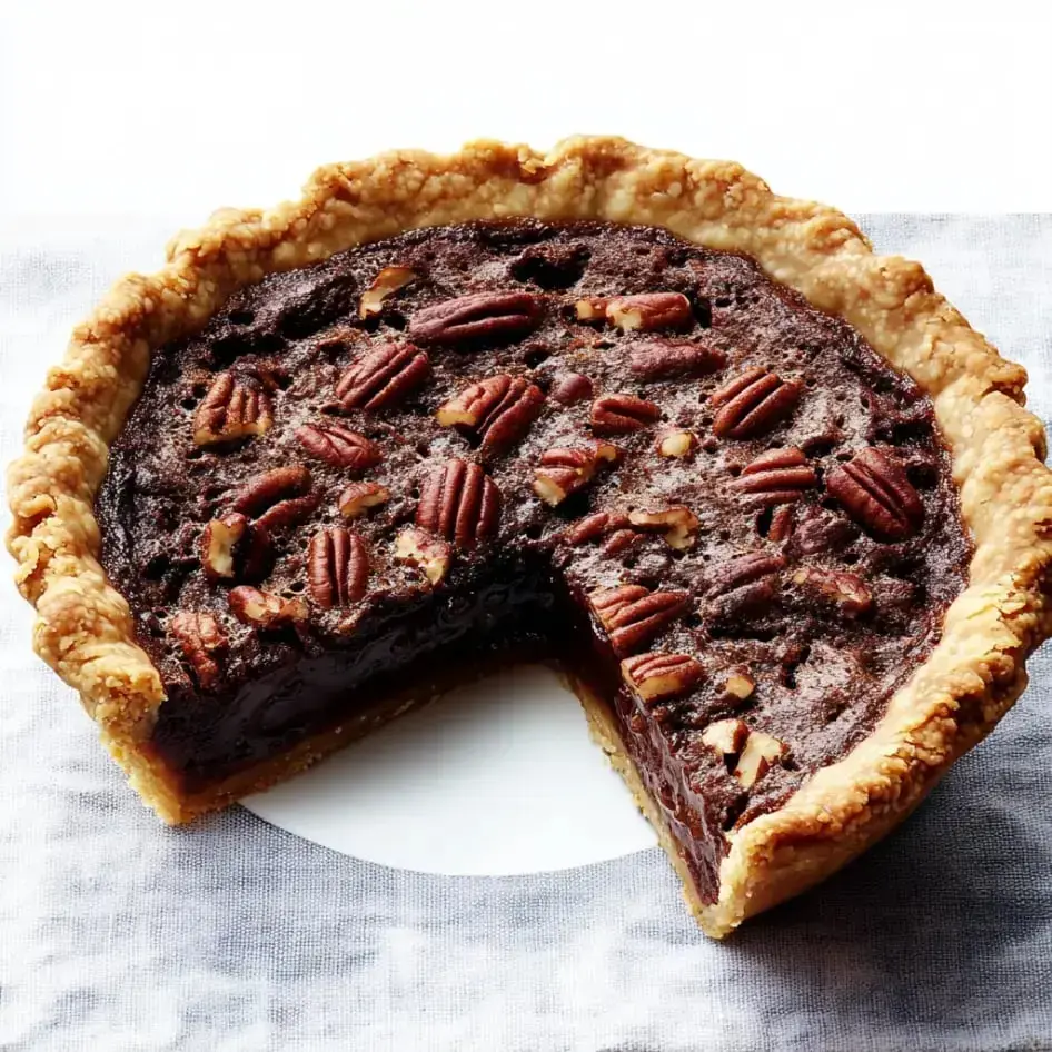 Ein Pekannusskuchen mit einem herausgeschnittenen Stück, das die Füllung zeigt und mit ganzen Pekannüssen bedeckt ist, ruht auf einer hellen, strukturierten Oberfläche.