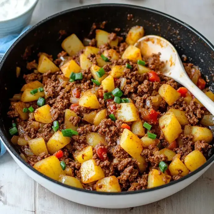 Eine Pfanne gefüllt mit gewürztem Hackfleisch und gewürfelten Kartoffeln, garniert mit gehackten Frühlingszwiebeln.