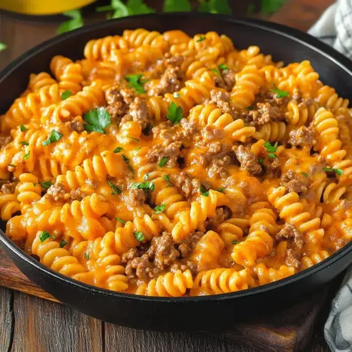 Eine Nahaufnahme eines Gerichts mit Rotini-Pasta, vermischt mit Hackfleisch und überbacken mit geschmolzenem Käse, garniert mit frischer Petersilie.