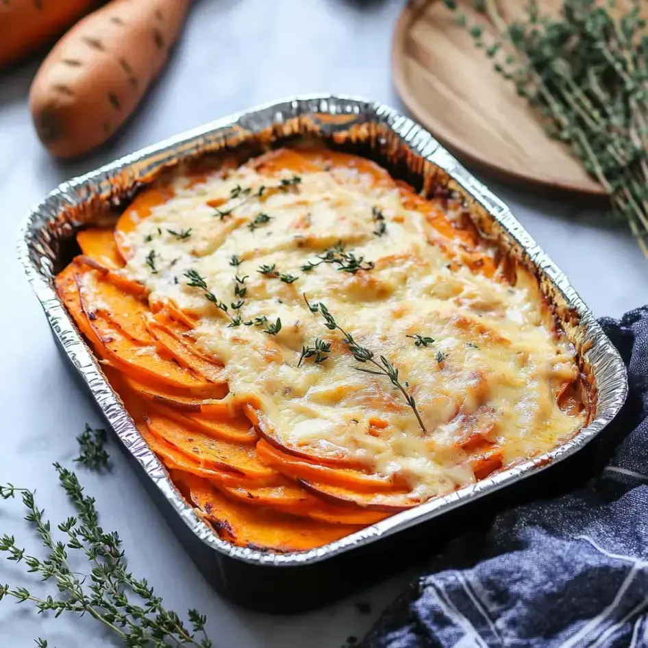 Eine gebackene Form mit geschichteten orangen Süßkartoffeln, überbacken mit geschmolzenem Käse und garniert mit frischem Thymian.