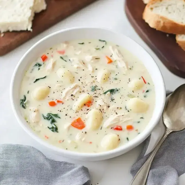 Eine Schüssel cremiger Hähnchen-Gnocchi-Suppe mit Spinat und roten Paprika, dazu Brotscheiben auf einem Holzschneidebrett.