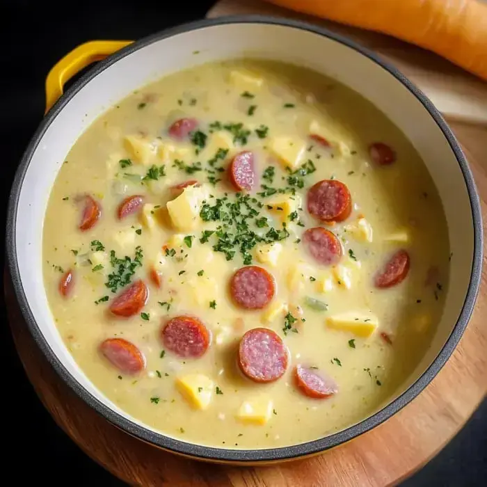 Eine cremige Suppe mit geschnittener Wurst, gewürfelten Kartoffeln und garniert mit gehackter Petersilie in einem weißen Topf.