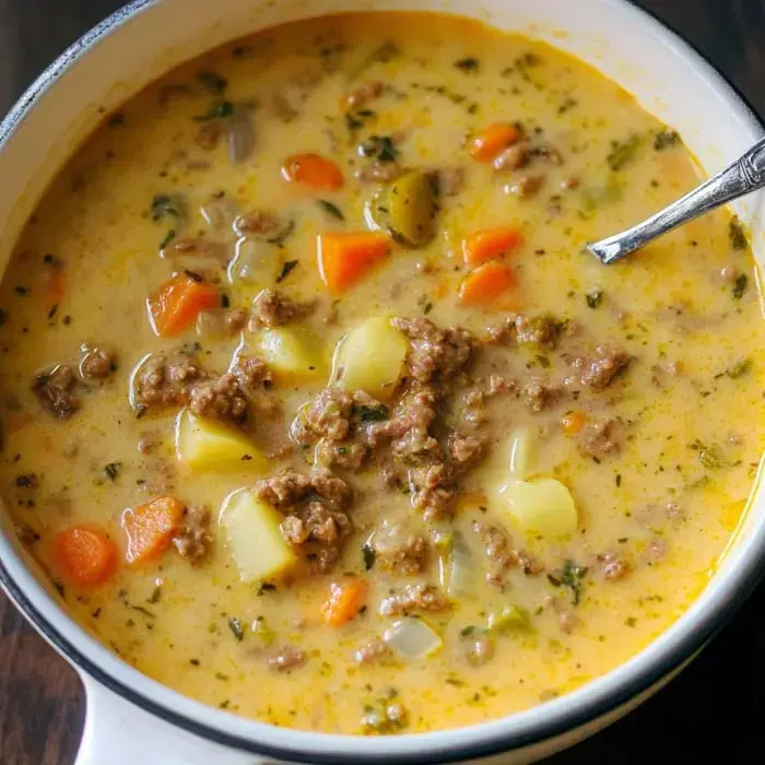 Eine cremige Suppe mit Hackfleisch, Kartoffeln, Karotten und Kräutern, serviert in einer weißen Schüssel mit einem Metalllöffel.