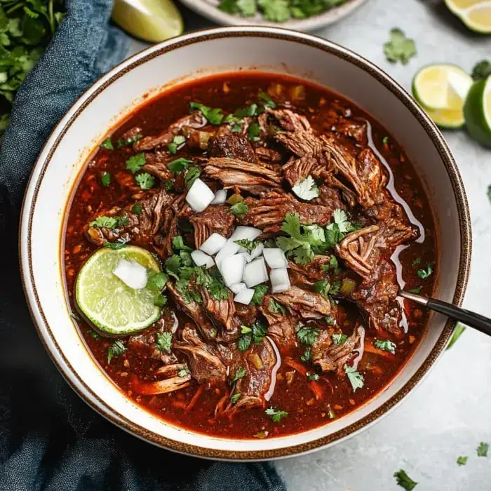 Eine Schüssel mit reichhaltigem, rotem Chili aus zerzupftem Rindfleisch, garniert mit Koriander, gewürfelten Zwiebeln und einer Limettenspalte.